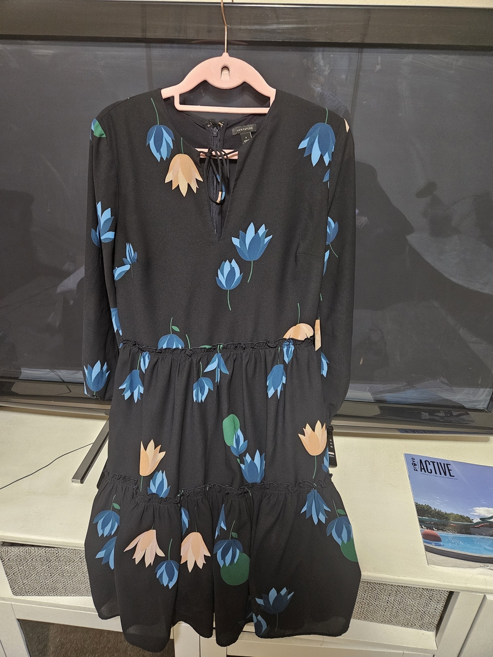 Ann Taylor Black Long Sleeve Tiered Dress  Floral Print Ann Taylor